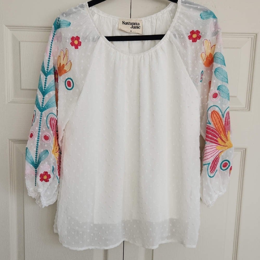 Savanna Jane White 3/4 Sleeve Embellished Blouse